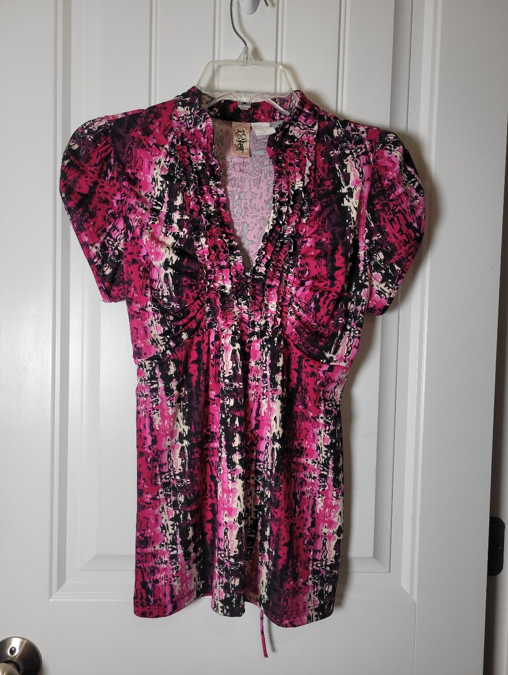 L8ter Women’s Vintage Y2K Pink Abstract V-Neck Ruffled Top with cap sleeve.